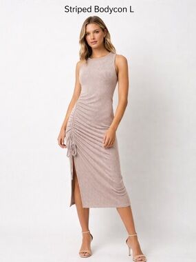 Caution to the Wind Ruched Midi Dress Striped Bodycon L